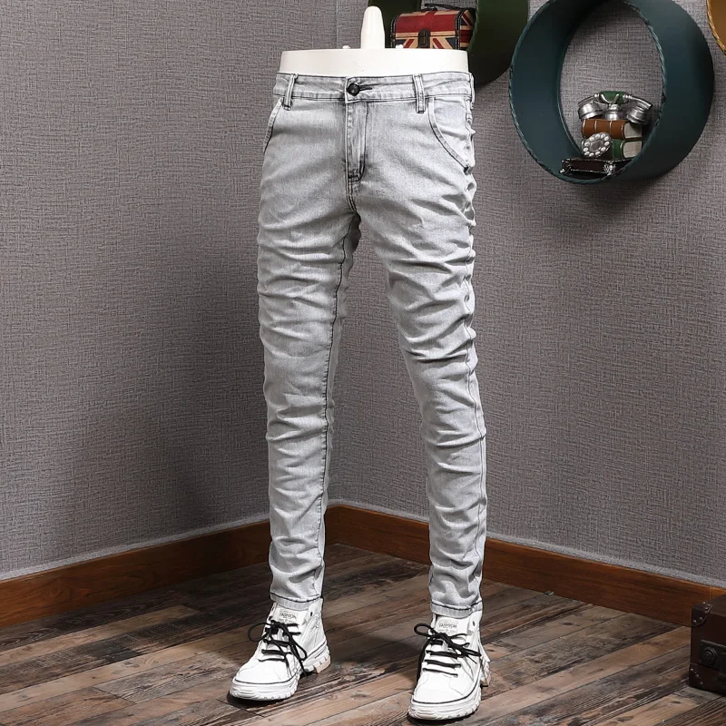 Newly Street Fashion Men Jeans Retro Gray Elastic Slim Ripped Jeans Men Korean Style Stretch Designer Casual Denim Pencil Pants