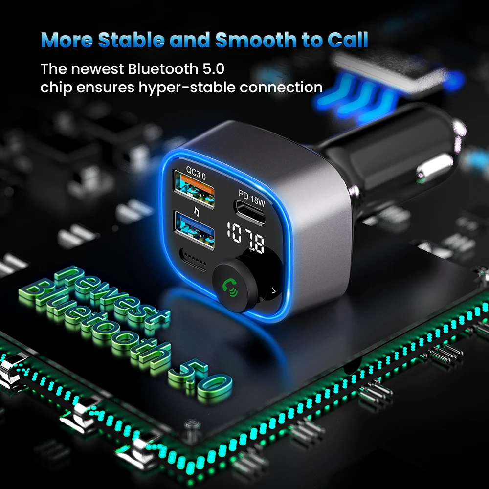 

Bluetooth FM Transmitter for Car Wireless Radio Adapter LED Backlit Hands-free Call Bluetooth V5.0 transmitter with LED Backlit