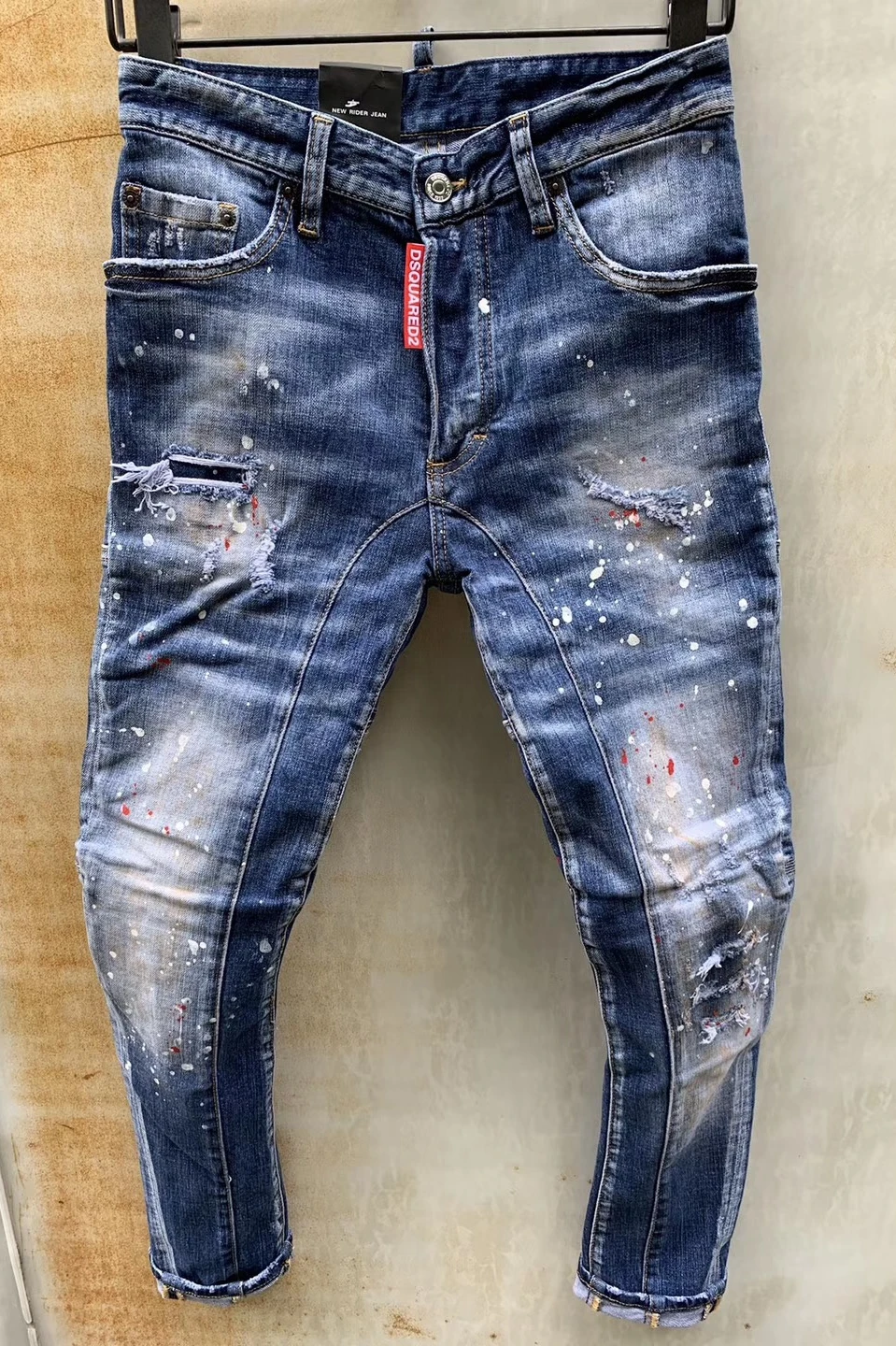 DSQUARED2 Men's/Women Fashion Stitching Three-Dimensional Cut Micro-Elastic Hole Patch Paint Distressed Stretch Jeans T95