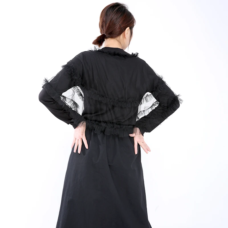 

[EAM] Women Black Mesh Ruffles Perspective Temperament T-shirt New Round Neck Long Sleeve Fashion Spring Autumn 2021 JO27201