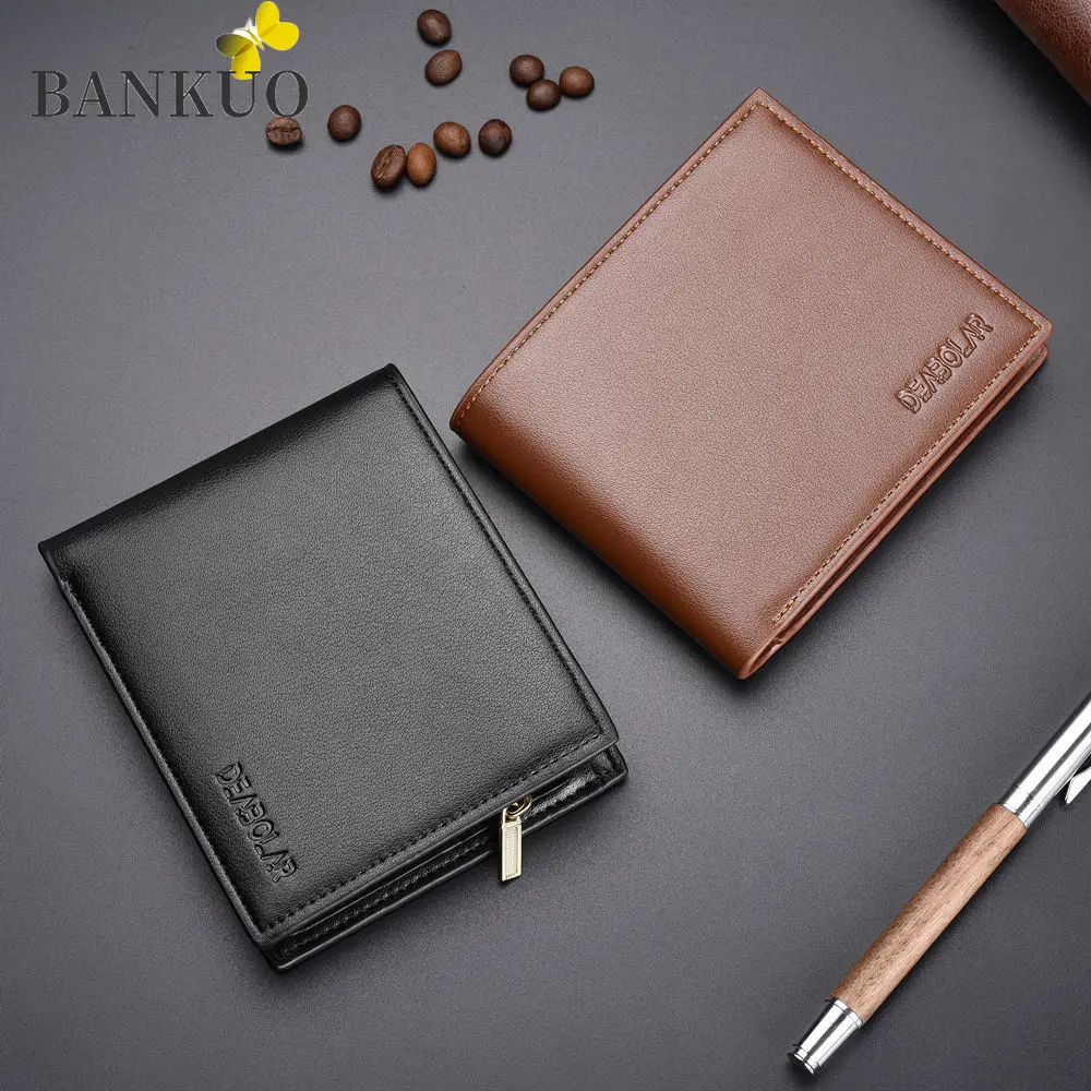 

BANKUO Korean Style Business Multi-card Money Clip Men's Short Wallet PU Leather Zip Coin Purse Classic Solid High Quality C58