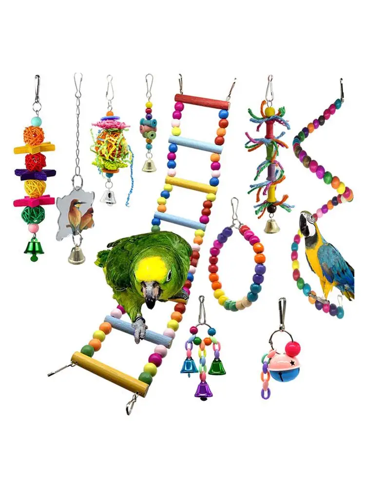 

10 Packs Bird Swing Chewing Toys Parrot Hammock Bell Toys Parrot Cage Toy Bird Perch with Wood Beads Hanging for Small Parakeets