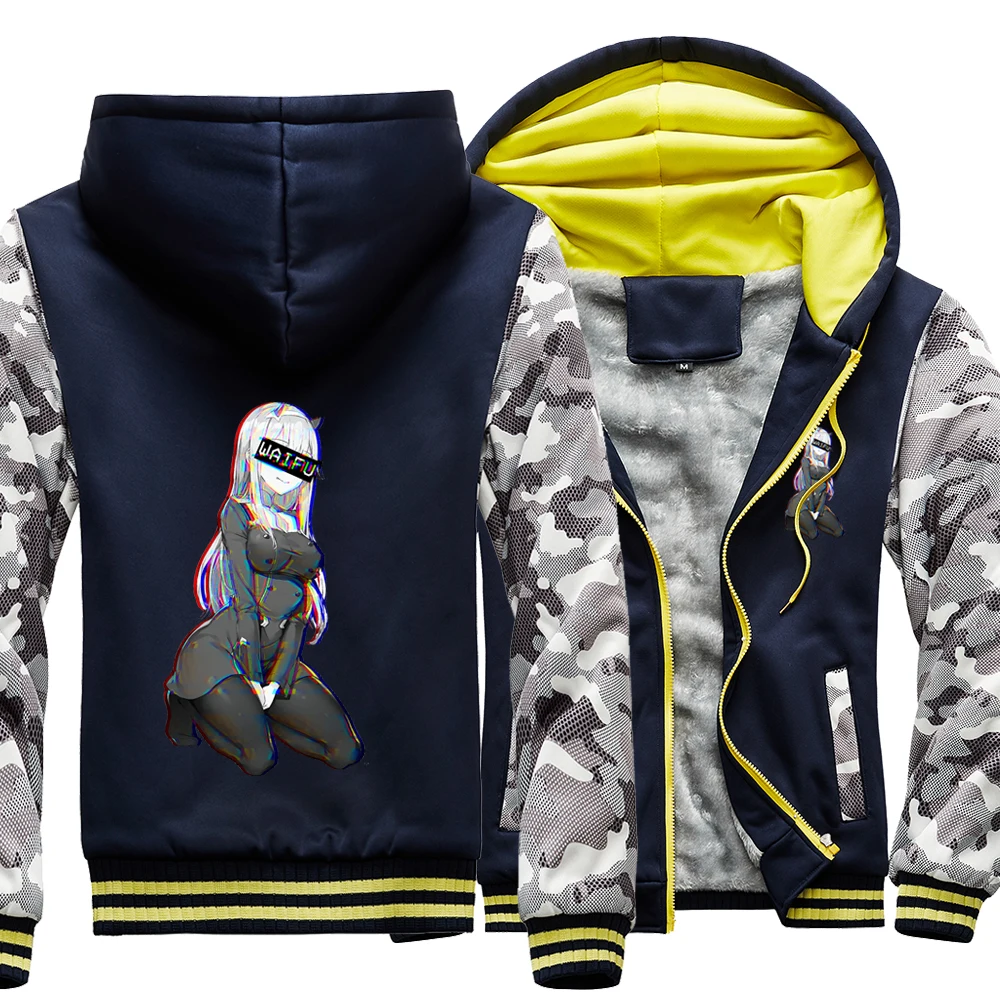 

For Male Zero Two Waifu Girl Anime Camo Raglan Thick Hoodies Winter Warm Printed Sweatshirts Coat Men Fitted Street Jackets