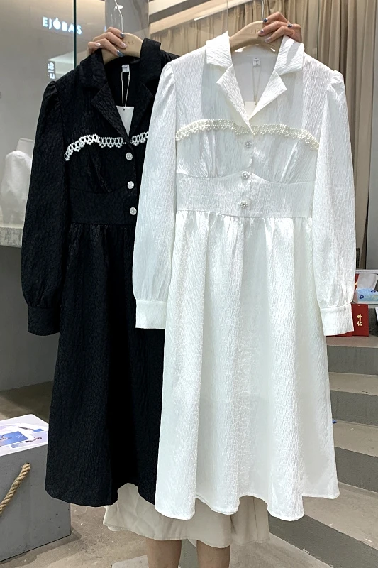 

2021 Spring New Retro Puff Sleeve Mid-Length Dress Women's Polo Collar Pearl Decorative Slim Waist Long Sleeve Dress Female