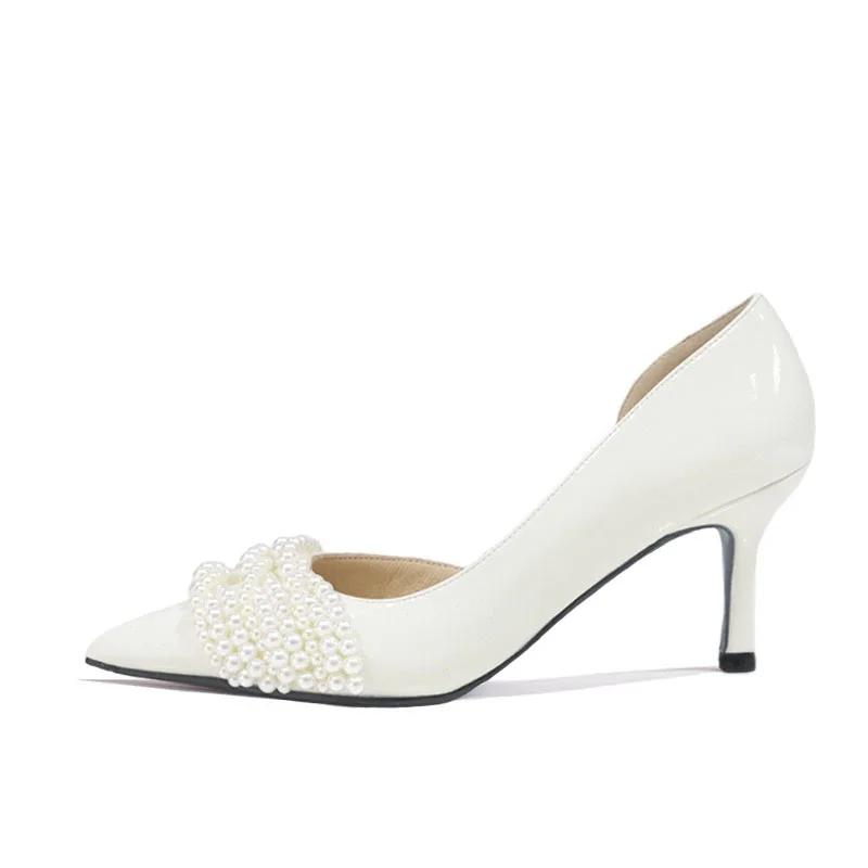 

French high heels women pointed fine heels 5cm pearl shoes design sense niche wedding shoes bride shoes 2020 new heels women