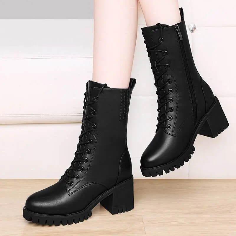 

New Winter Boots Women Knee High Long Boots Leather Fashion Lace-Up Snow Boots Non-Slip Black Boots Shoes Woman56gh