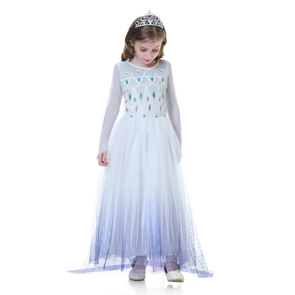 

Elsa 2 Princess Costume for Girls Long Sleeve Sequin White Gown with Cloak Snow Queen 2 Halloween Cosplay Costume Kids Clothing