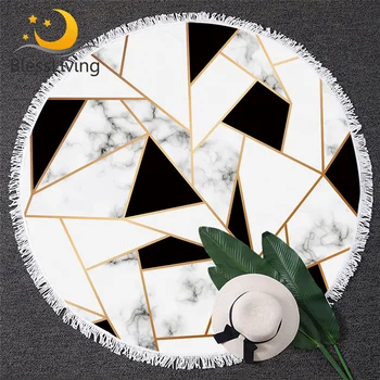 BlessLiving Geometric Print Round Beach Towel Black White Towel Large for Adult Marble Texture Toalla Tassel Stylish Yoga Mat 1