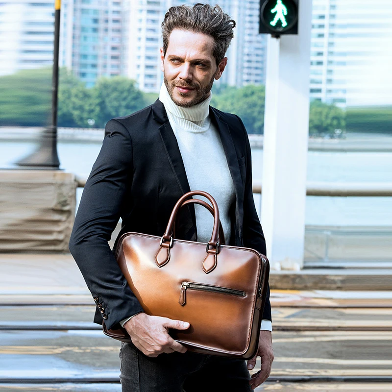 DIMY Vintage Handmade Italian Genuine Leather Briefcase Men Hand Patina Messenger Shoulder Bags Laptop Business Case Men's Bags