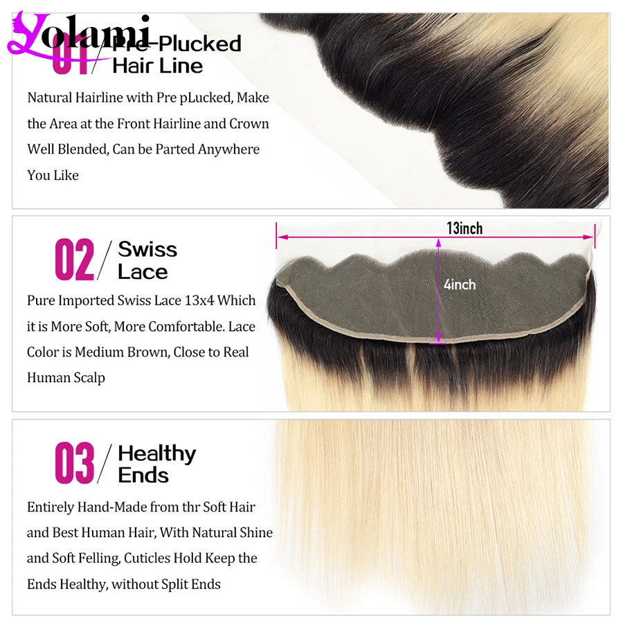 

Yolami 1b613 Blonde Bundles With Frontal Ombre Dark Roots Brazilian Straight Human Hair 3/4 Bundles With 13X4 Ear To Ear Frontal