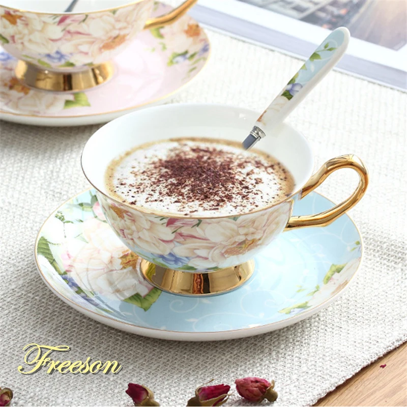 Пасторальный цветочный костяной фарфор чайная чашка блюдце ложка набор