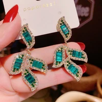 korea new flower leaf exaggerate green crystal geometric dangle earrings for female daily shiny rhinestone elegant party jewelry