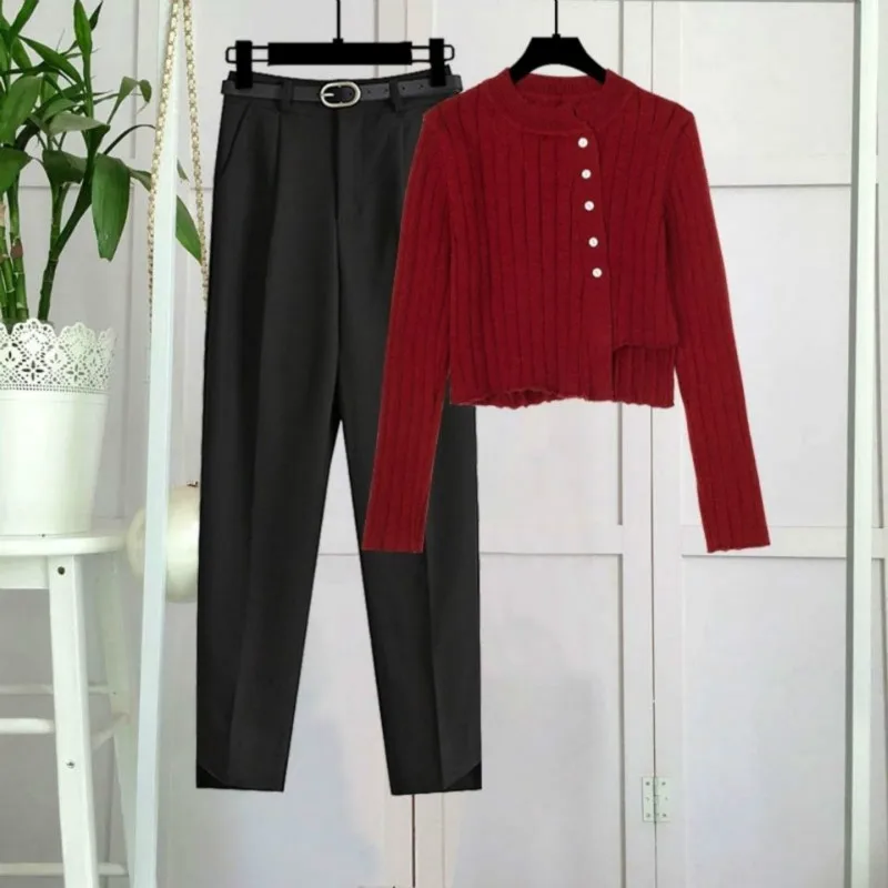 2021 Women Autumn Winter New Vintage Set Lady Button O-neck Sweater + Sashes High Waist Pant Suit Female Casual 2 Piece Set