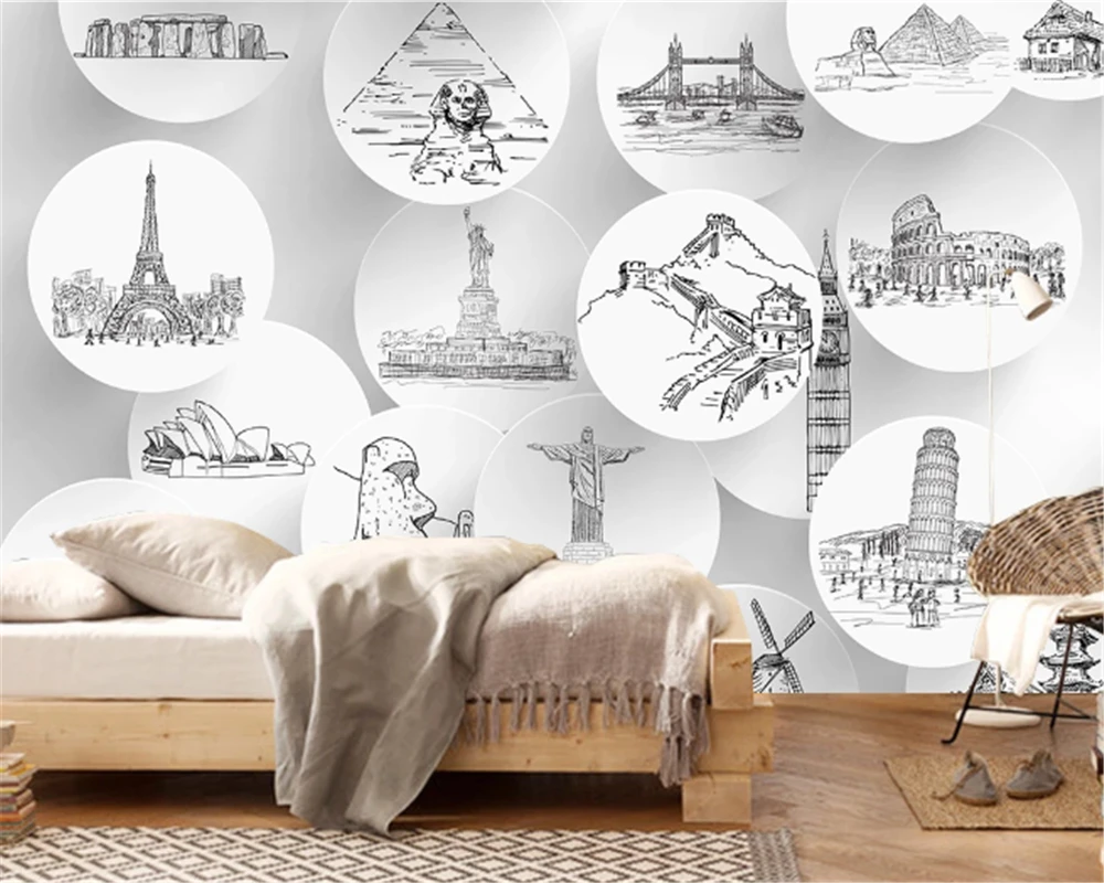 

beibehang Custom bedroom living room decoration painting world city landmark building TV background wallpaper home decoration