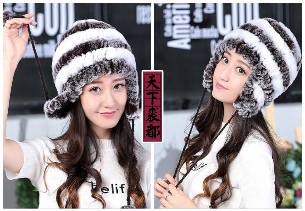 Lady Real Fur Earflap Hats Women Natural Rex Rabbit Fur Beanies Cap Russian Winter Warm Genuine Fur Hat Wholesale