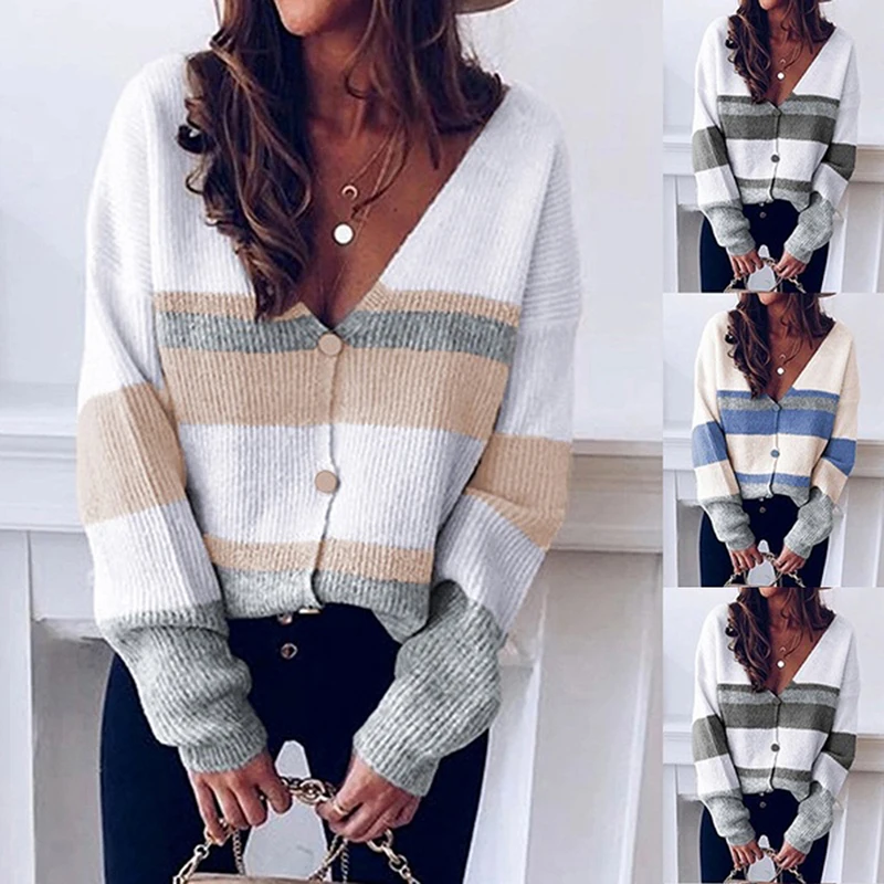 

Женский трикотажный свитер в полоску, с длинным рукавом и V-образным вырезом