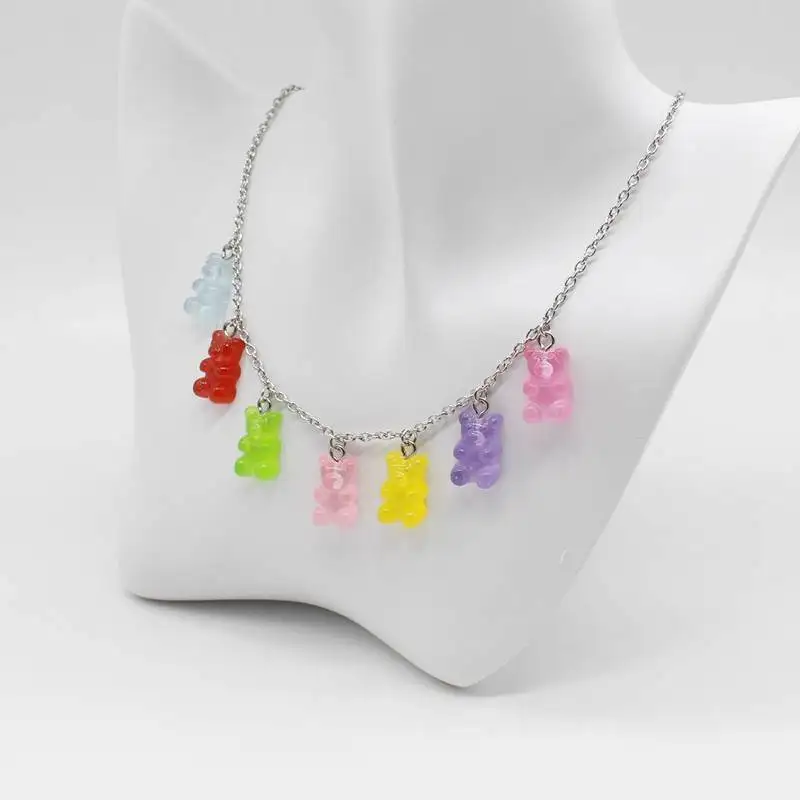 

Ожерелье с милым медведем из мультфильма карамельных цветов ручной работы, цветное ожерелье с медведем из смолы, ювелирные изделия