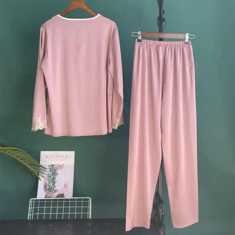 

V-Neck Satin Women Sleepwear Lace Pajamas Set Long Sleeve Pyjamas Casual Home Clothes pyjama pour femme 2PCS Shirt&Pants