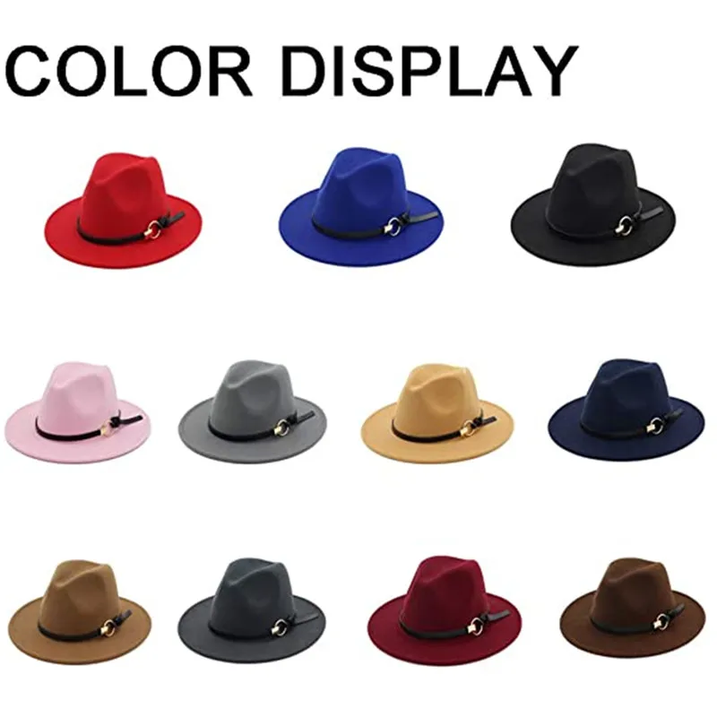 

Cheep Unisex Solid Color Single Side Wool Felt Jazz Fedora Hats Black Belt Elegant Men Women Wide Brim Panama Trilby Cap