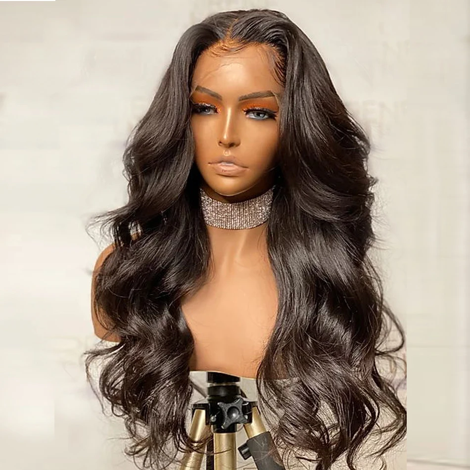 

Natural Black Long Body Wave Synthetic Wig High Temperature Lace Front Wig For Black Women With Baby Hair Cosplay Wig