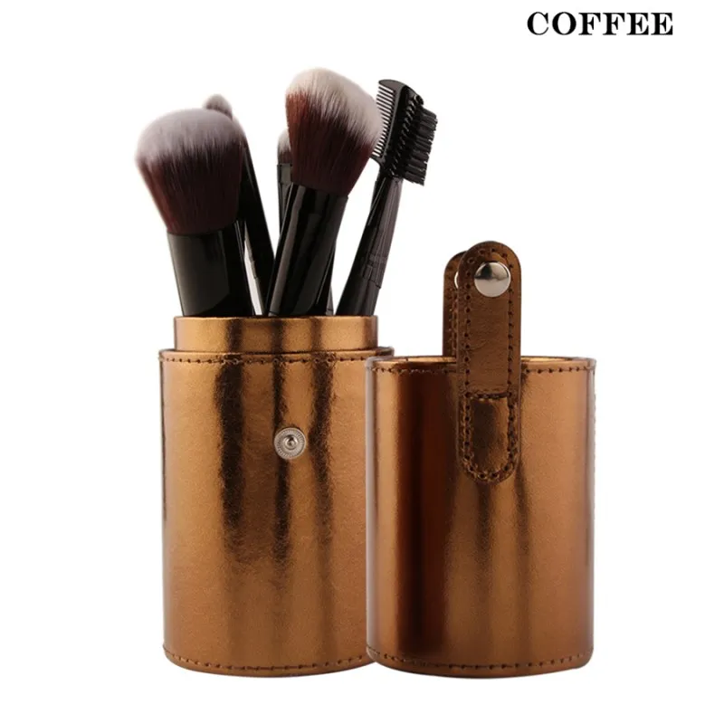 Professional 12Pcs Makeup Brushes Kit Studio Holder Tube Convenient Portable Leather Cup Natural Hair Synthetic - Handle Color: Coffee