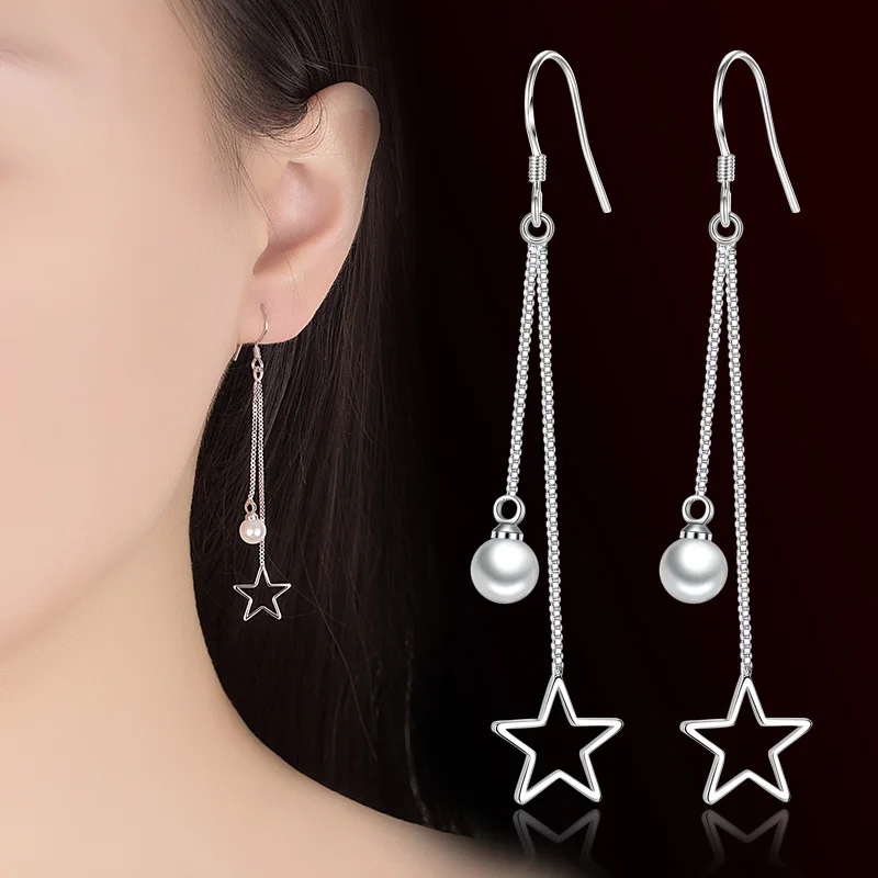 

Fanqieliu S925 Stamp Silver Color Double Layer Pearl Star Dangler Elegant Long Drop Earrings For Woman New FQL21043