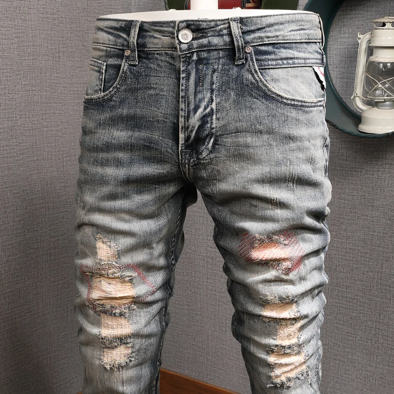European American Vintage Fashion Men Jeans Retro Yellow Blue Elastic Slim Ripped Jeans Men Embroidery Designer Denim Punk Pants