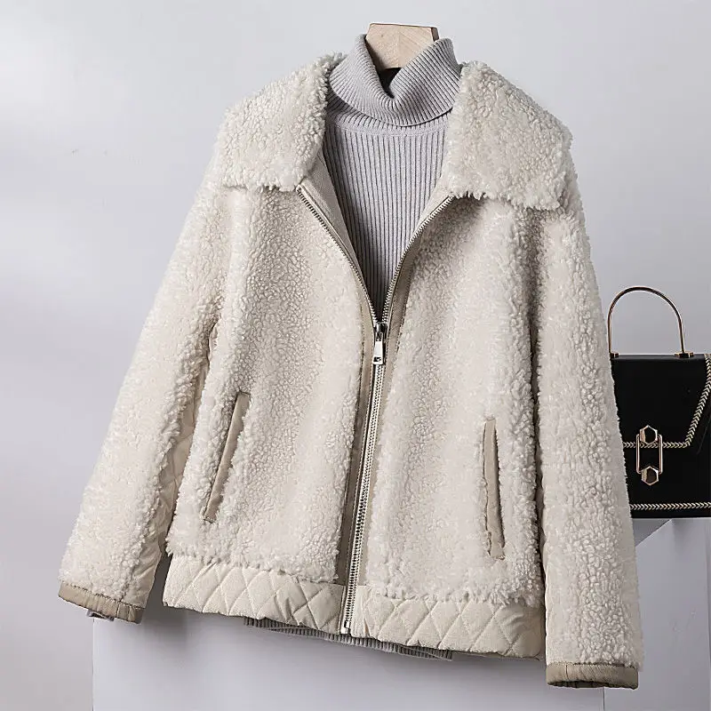 

Autumn Long Sleeve Loose Warm Women's Jacket Lamb Wool Winter Thickened Locomotive Lapel Female Coat Beige Chic Outerwear X352