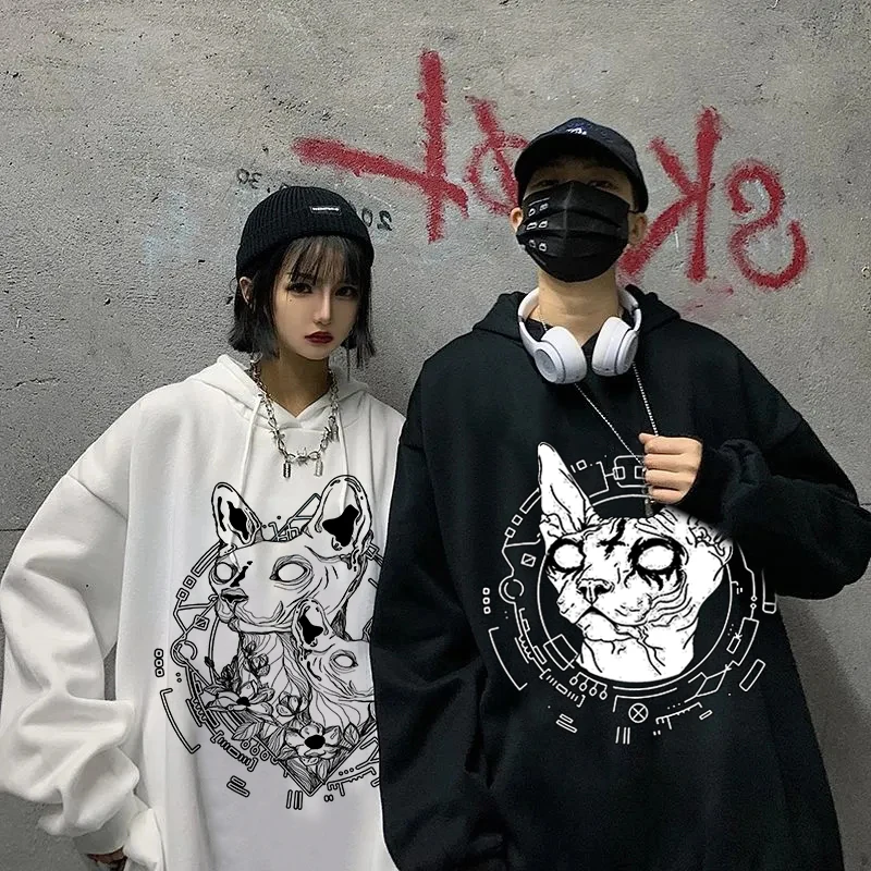 

Neue Women Gothic Rock Punk Hairless Cat Print Fashion Hoodie Couple Streetwear Hip Hop High Street Style Oversize Cool Tops