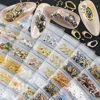 mix 6 shapes 3d rhinestones nail art decorations crystal gems white pearl alloy studs frame stones charm manicure accessories