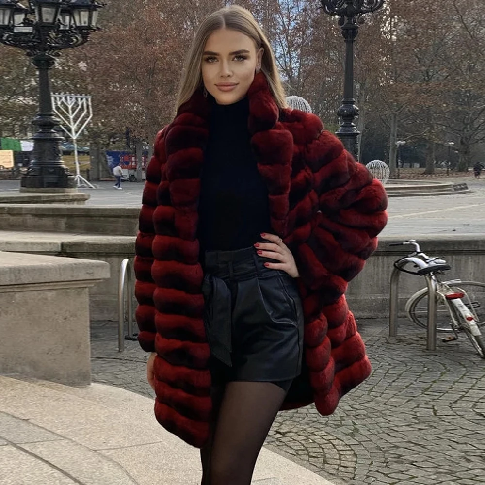 Enlarge Fashion Red Rex Rabbit Fur Coat Natural Women Thick Warm Fur Overcoat with Lapel Collar Luxury Woman Real Rex Rabbit Fur Coats