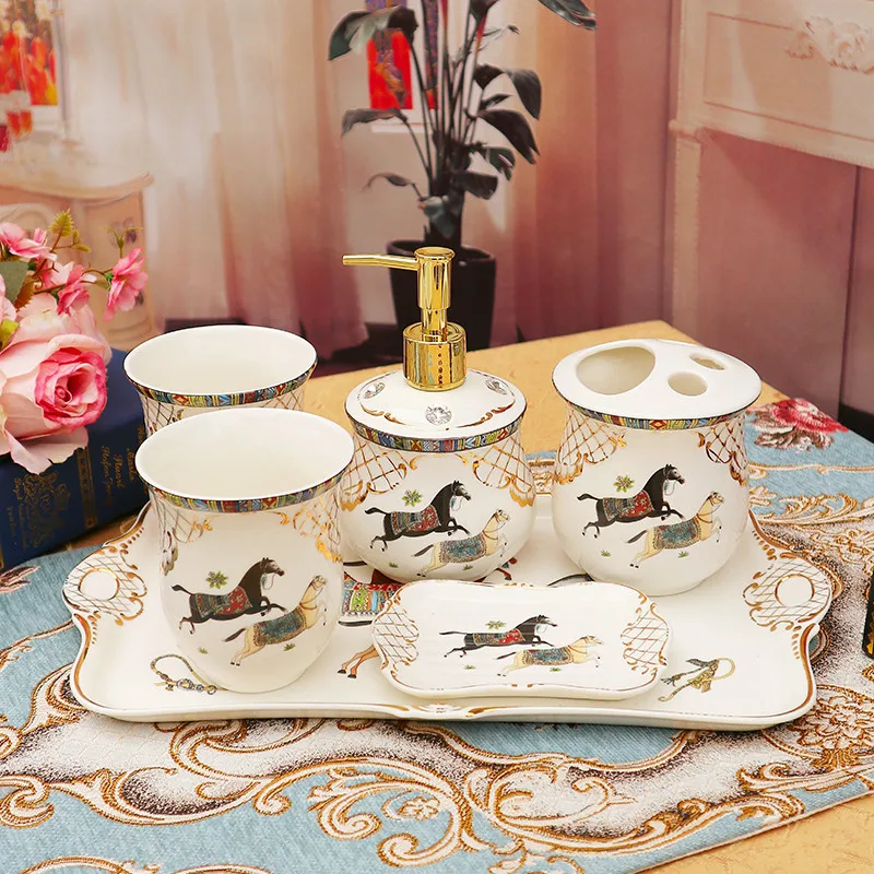 

Bathroom Accessories Set Ceramic Soap Dispenser Toothbrush Holder Gargle Cup Soap Dish With Tray Wedding Gifts 5-6 Pieces Set