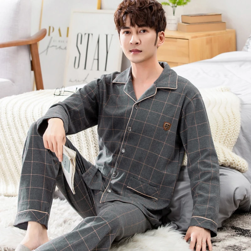 

Autumn Winter Cotton Men's Sleepwear Fashion Turn-down Collar Leisure Masculino Pajamas Sets Long Sleeve Loose Nightwear
