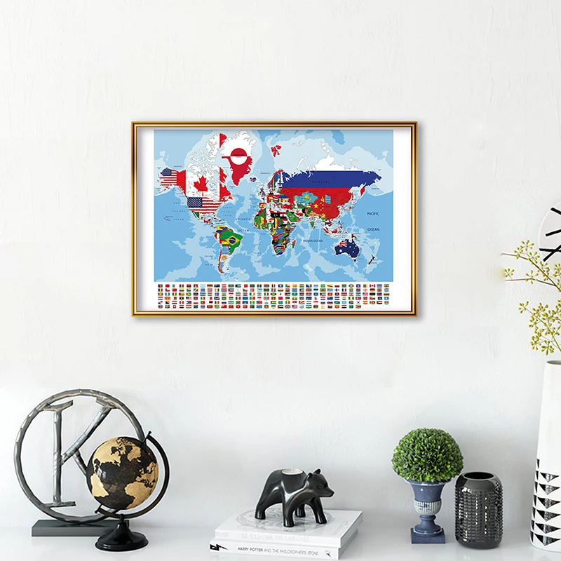 

Мировая политическая Настенная карта с национальными флагами 59*42 см, Картина на холсте, Современная фотография