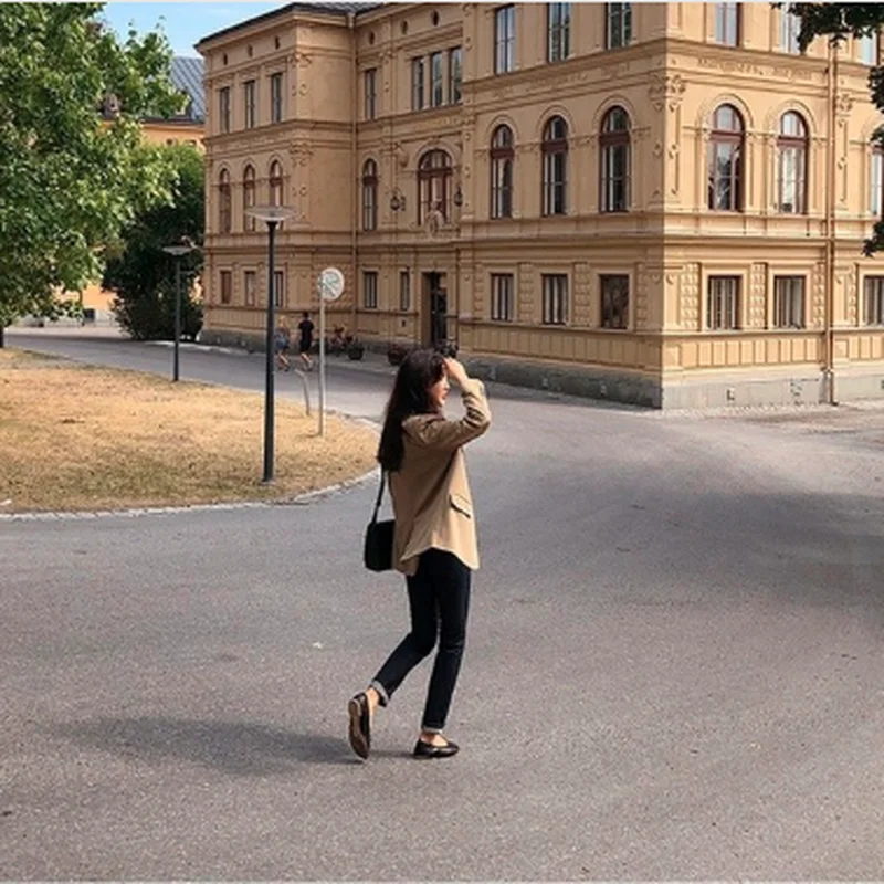 

GOOHOJIO 2020 New Chic Autumn Blazer Women Coats Solid Color Office Ladies Blazers Long Sleeve Temperament Vintage Women Jackets