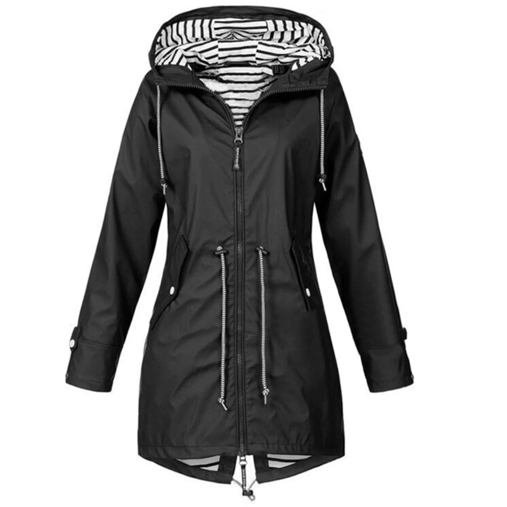 

Outdoor Hiking Windproof Solid Color Women Drawstring Hooded Long Jacket Coat