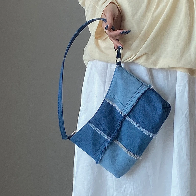 

Vintage Soft Denim Stitching Women Underarm Bag Ladies Fashion Contrast Color Small Armpit Shoulder Bags