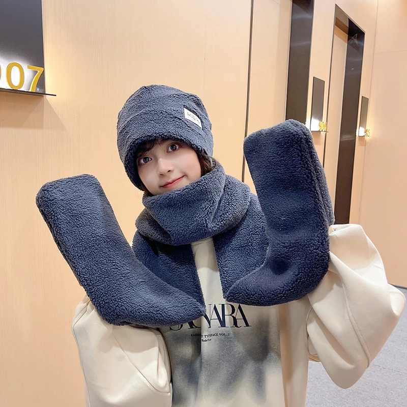 

Новинка 2021, однотонная Шапка-бини, модный шарф, шапка, перчатка, женские зимние теплые мягкие плотные шапки с карманами и капюшоном