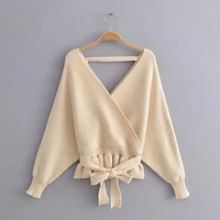 autumn female fashion solid color ruffles slim fit pullovers 2021 women spring cross v neck sweater bat sleeve knitted sweater