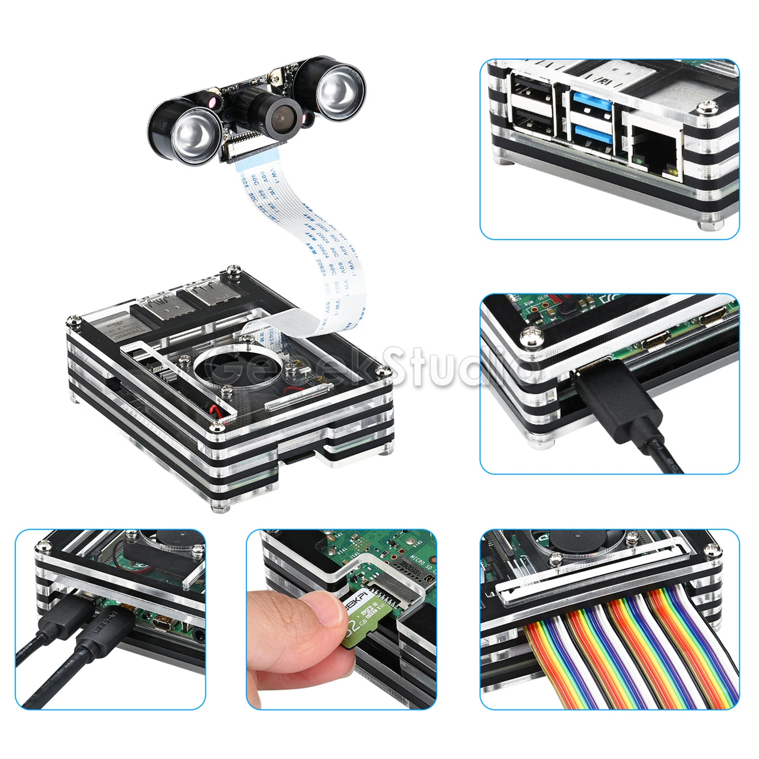 Акриловый прозрачный/прозрачный и черный чехол для Raspberry Pi 4 Model B с большим