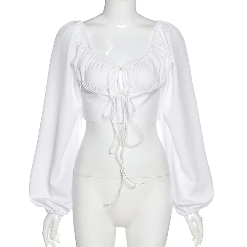 

2020 Summer Short Tees T shirts Women Tops Fashion Regular Lantern Sleeve Bandage Sexy Short Women T-shirts Lace up Crop Tops