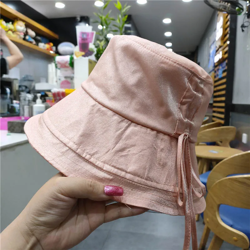 2021 Cap Summer New Women Drawstring Bucket Hats Fashion Breathable Casual Sandy Beach Collapsible Shading Sun Hats QDKPOTC