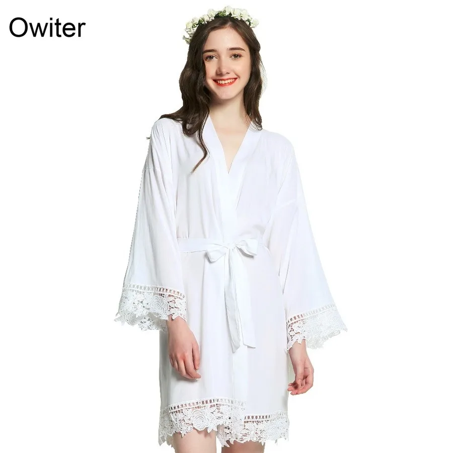 Owiter 2019 Black Solid Cotton Kimono Robes w/ Lace Trim Women Sexy Wedding Bridal Robe Short Belt Bathrobe Sleepwear White Gown