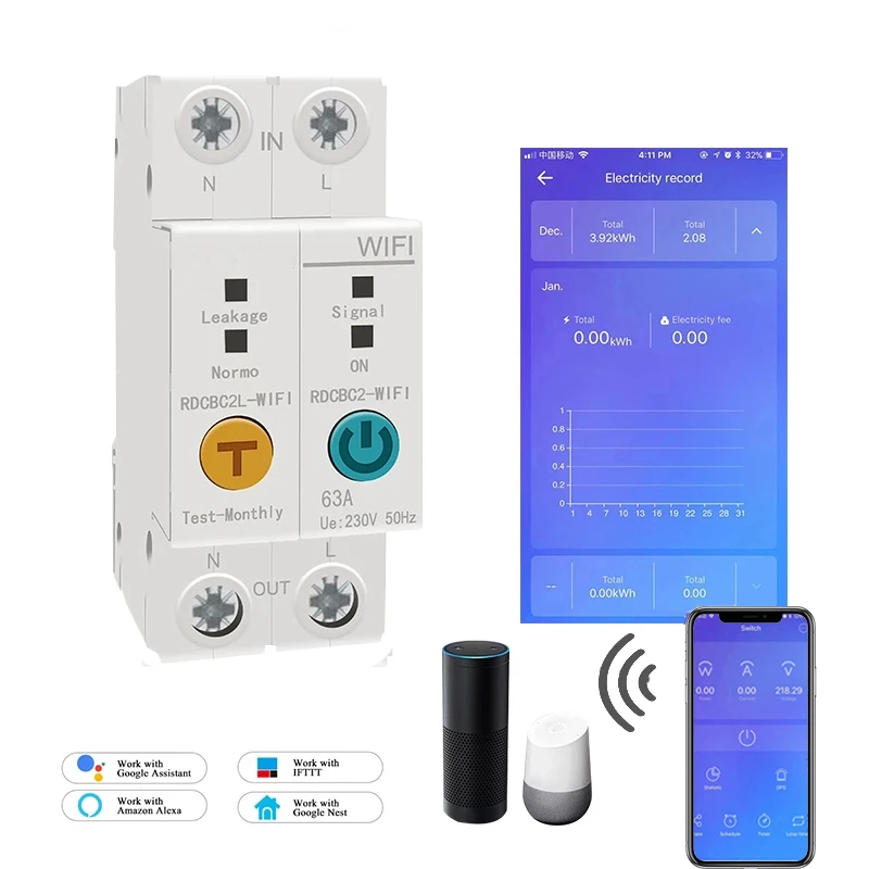 

eWelink Single phase Din rail WIFI Smart Energy Meter Leakage Protection Remote Read KWh Meter Wattmeter Voice Control Alexa