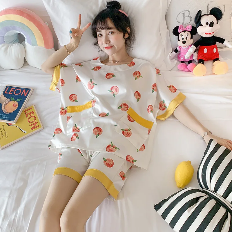 

Popular Pajamas Women Summer Viscose Fiber Thin Sexy Cute Silk Short-Sleeved Large Size Pullover Two Piece Suit Sleepwear