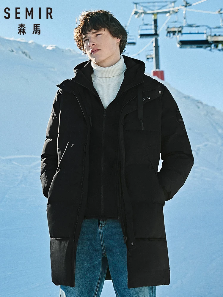 Куртка SEMIR мужская длинная из хлопка трендовая черная теплая с капюшоном пальто в