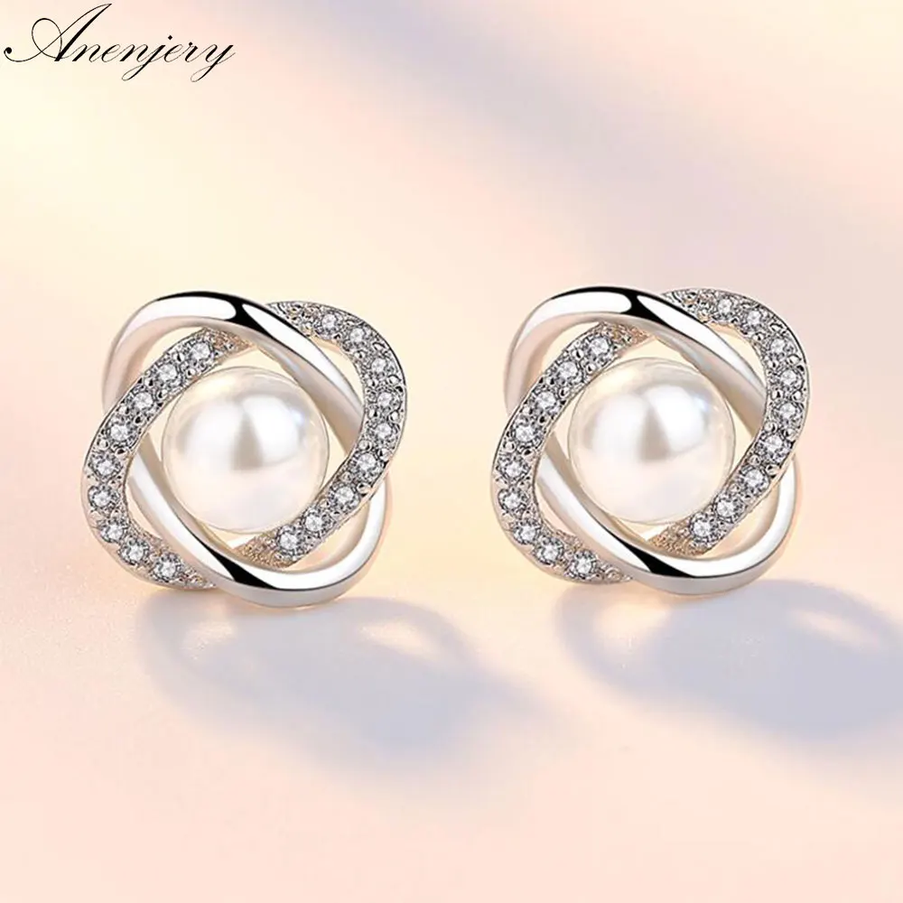 

Evimi 925 Standard Silver Upscale Cubic Zircon Pearl Twist Stud Earrings For Women Brincos Pendientes S-E290