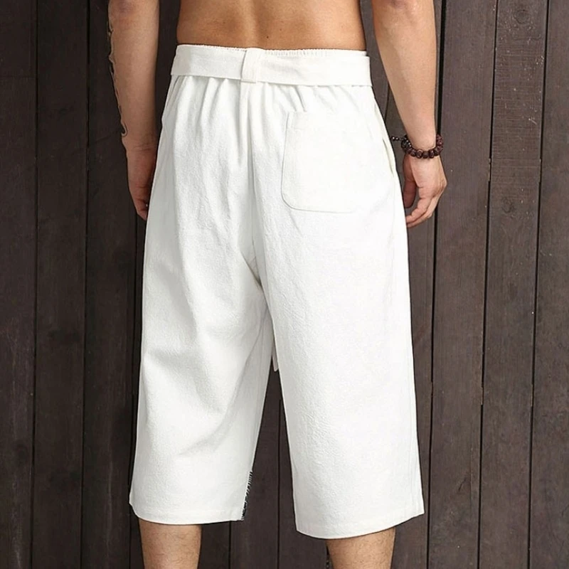 Мужские льняные шорты с широкими штанинами повседневные свободные до середины
