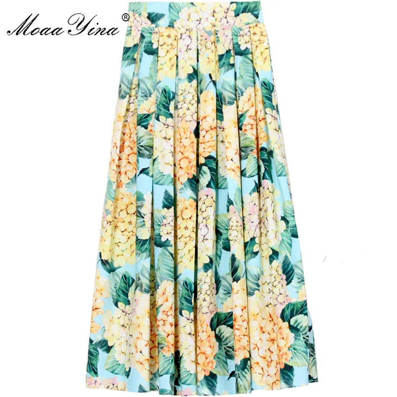 

MoaaYina Summer Women Vacation Floral-Print Elegant Cotton Pleated skirt
