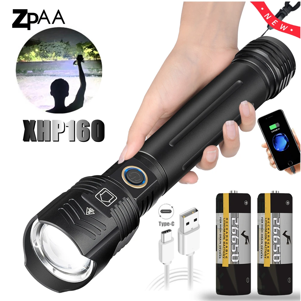2021 XHP160 светодиодный вспышка светильник Мощный USB Перезаряжаемые 26650 18650